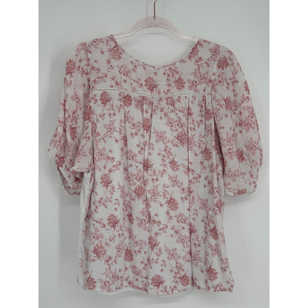 Parallel Skies Womens Floral Puff Sleeve Mixed Media Blouse White Pink‎ Large